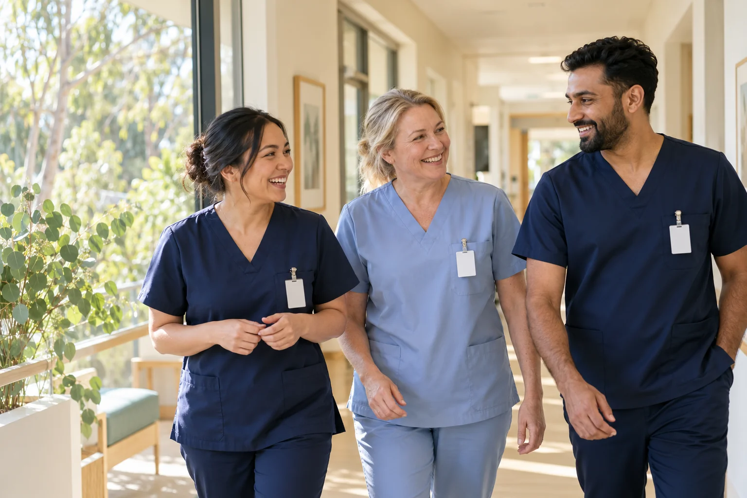 Illustrative image of healthcare colleagues enjoying a relaxed moment in a bright workplace